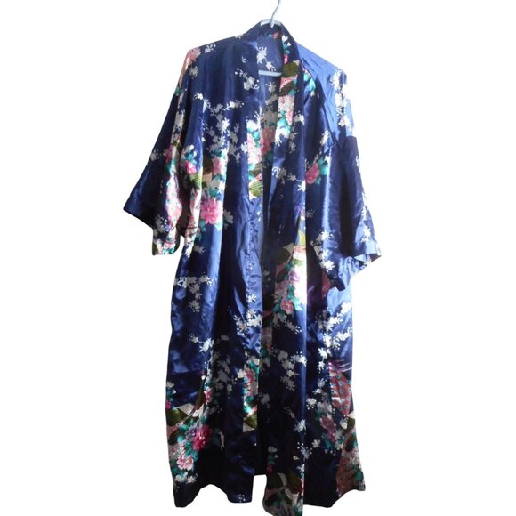 Unknown Other - Sapphire Blue Satiny Robe Pink Peacock Kimono Lingerie One size